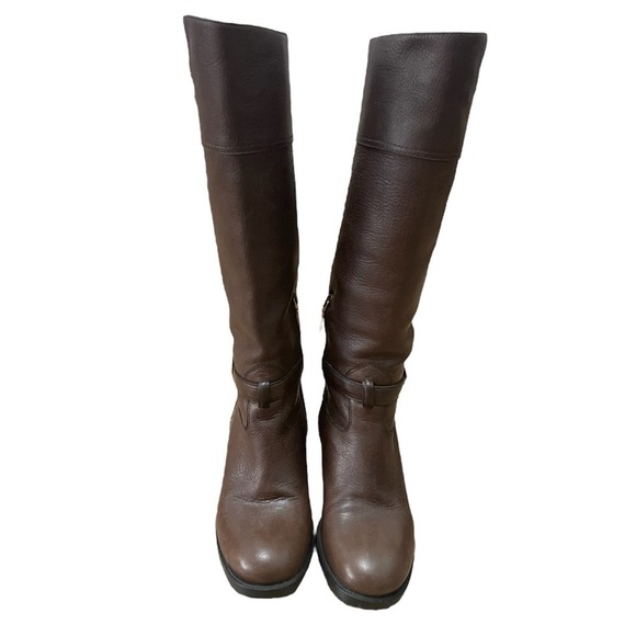 Prada Dark Brown Leather Signature Golden Logo Knee Length Boots - Picture 2 of 10